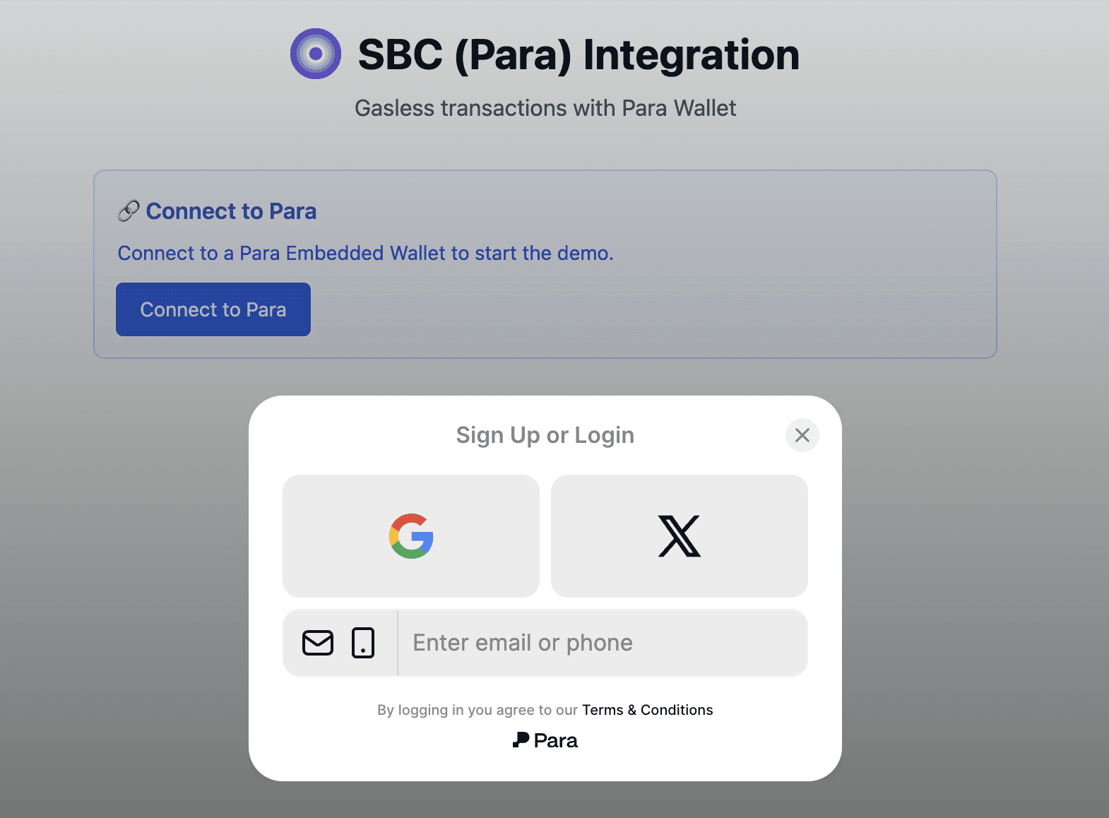 SBC AppKit with Para — sign up or login screen