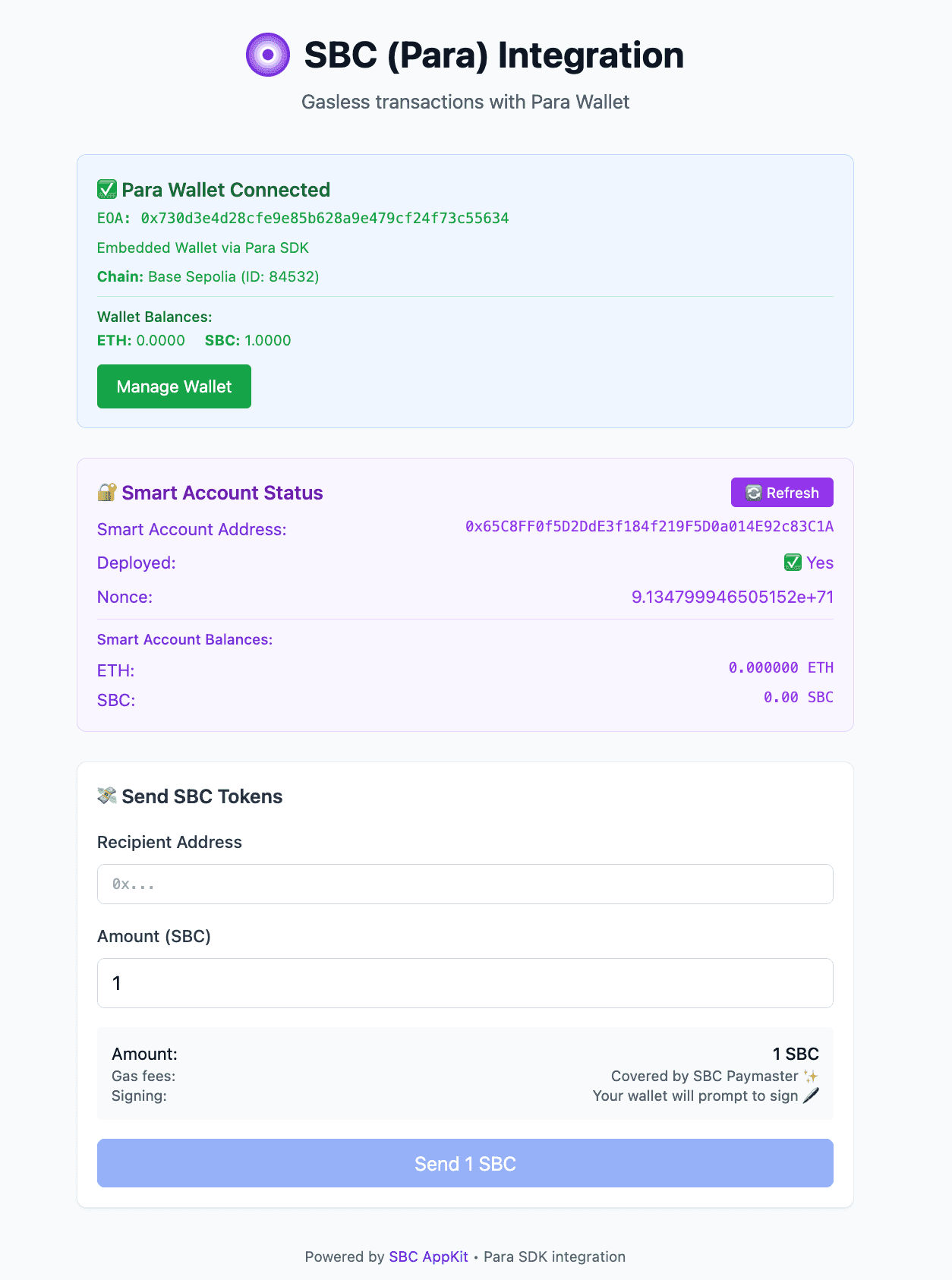 SBC AppKit with Para — wallet and send transaction UI