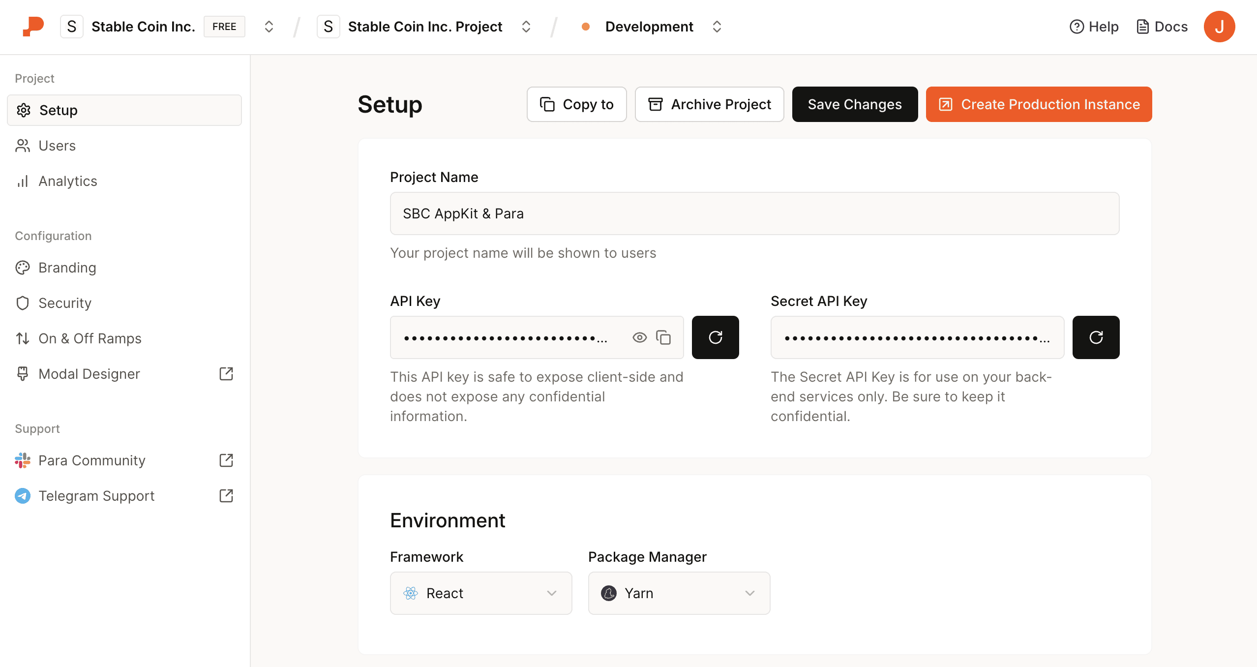 Para developer portal — create a project and API key