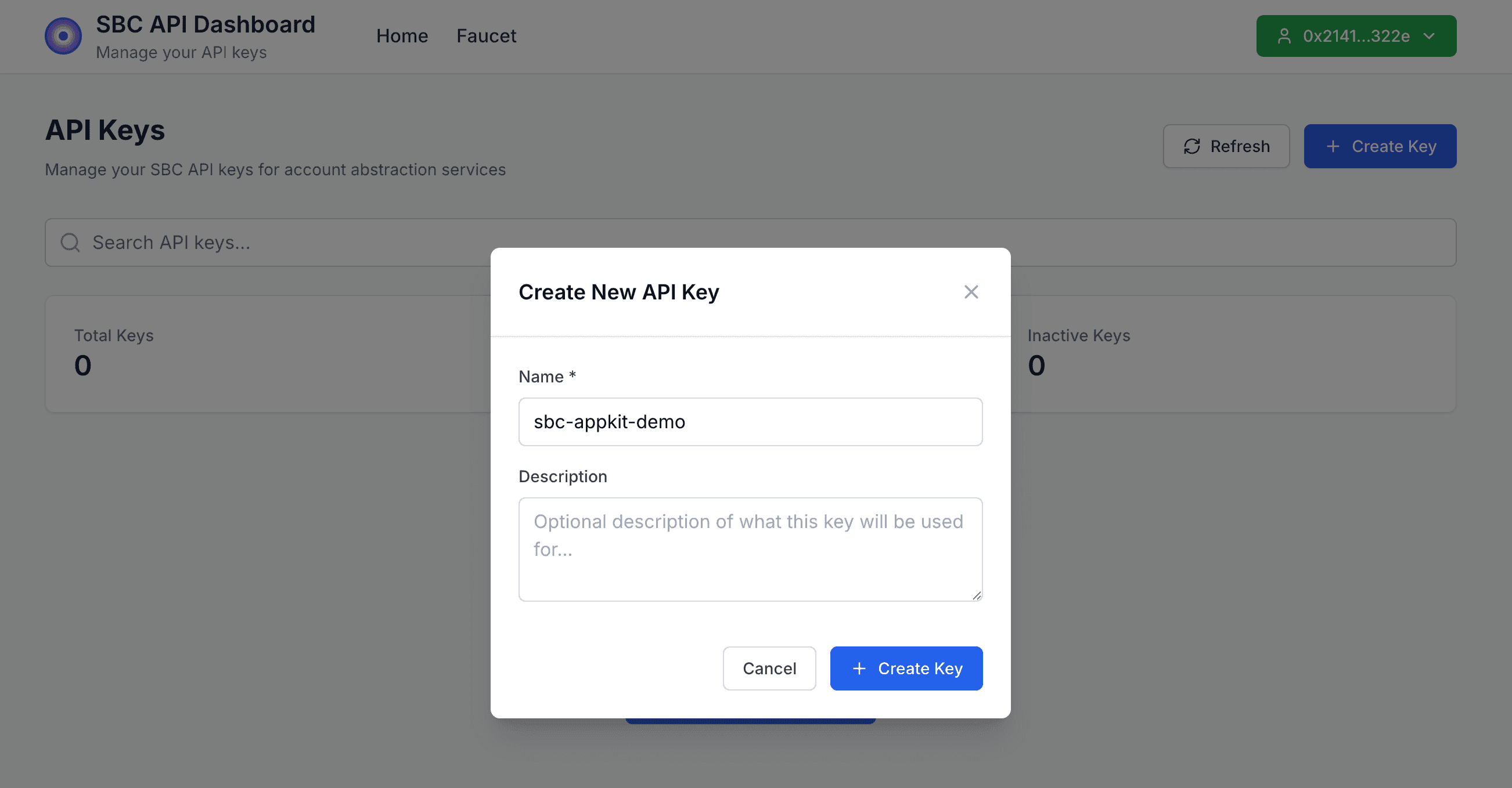 SBC Dashboard — create a paymaster API key
