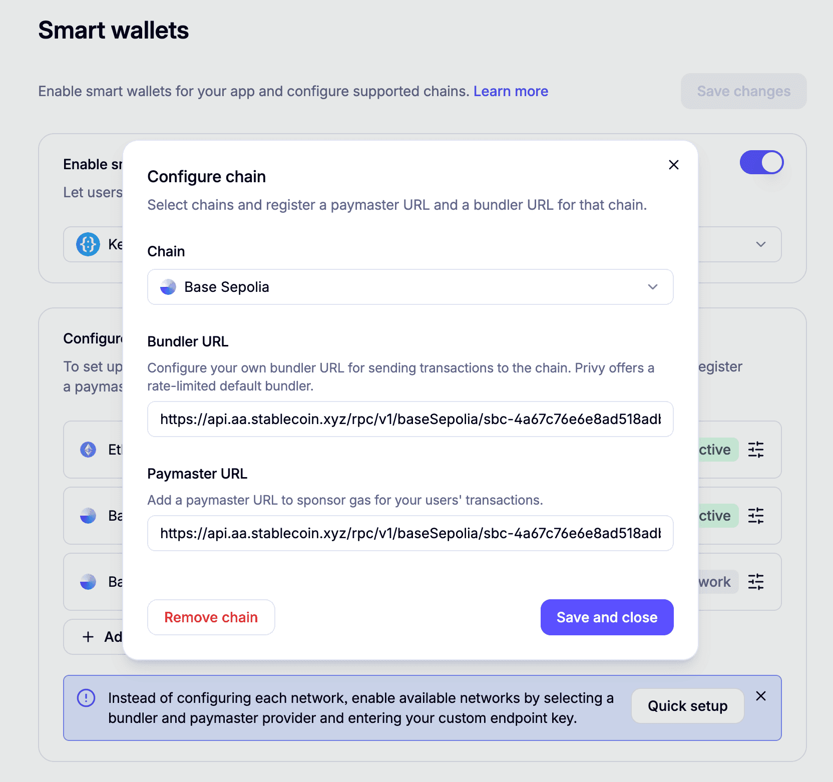 Privy dashboard — Bundler and Paymaster URL fields
