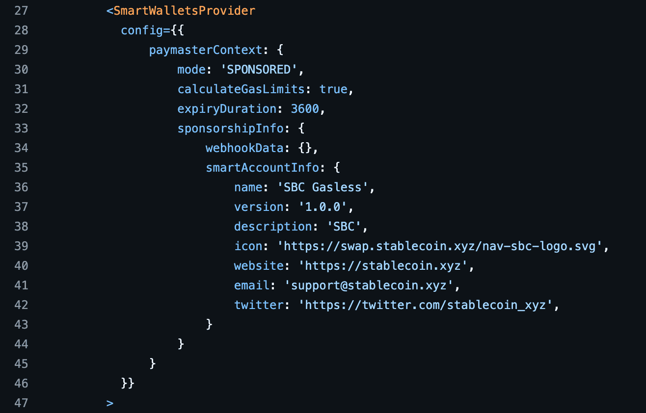 SmartWalletsProvider configuration with sponsored gas
