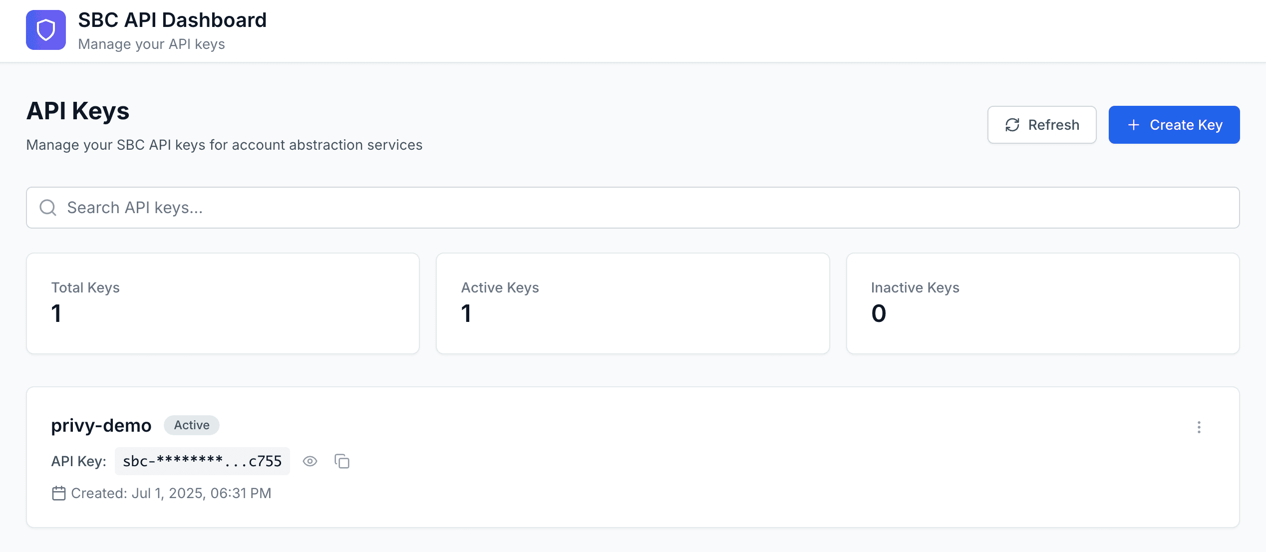 SBC API Dashboard — create a paymaster API key
