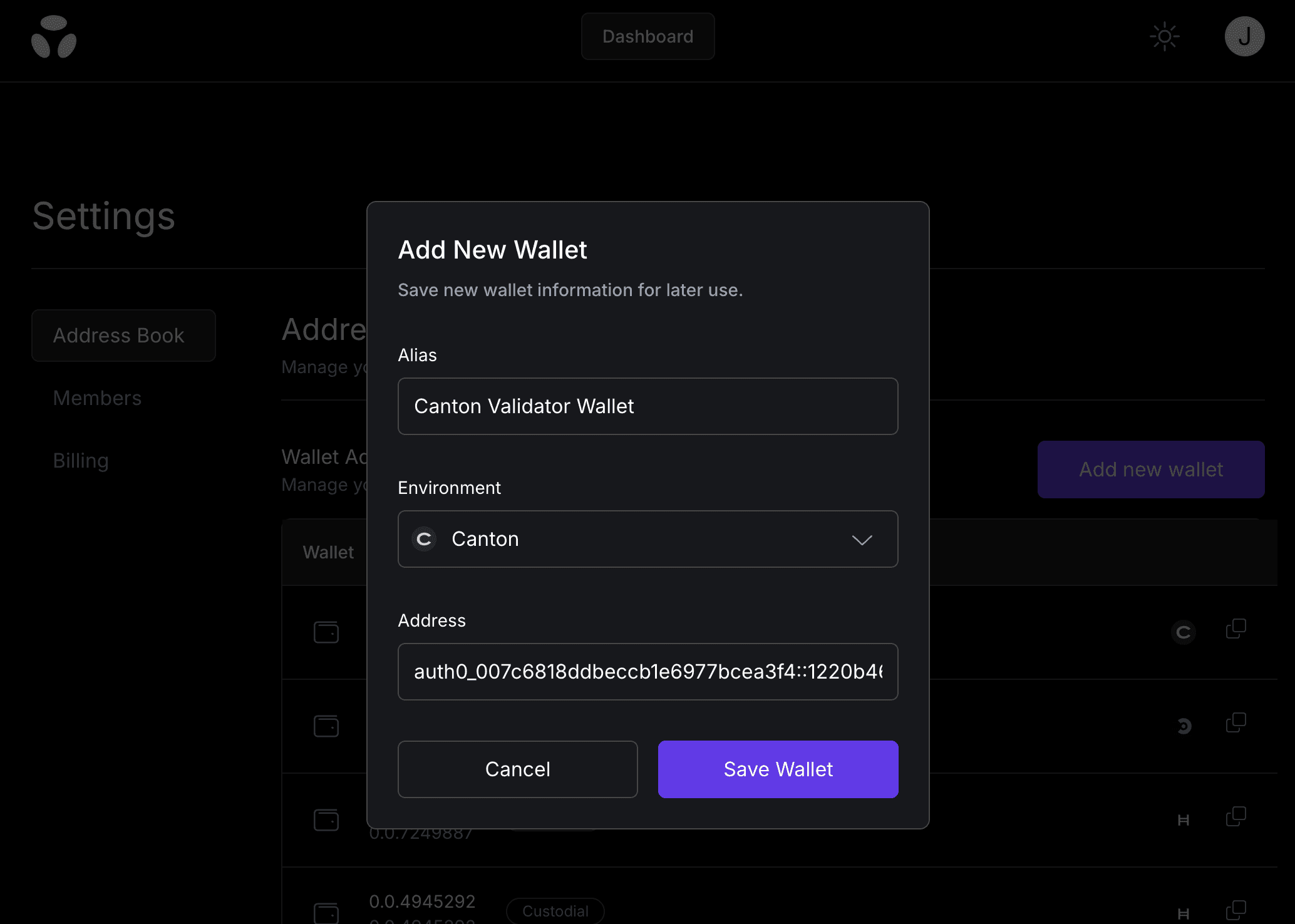 Add external Canton wallet in Brale settings