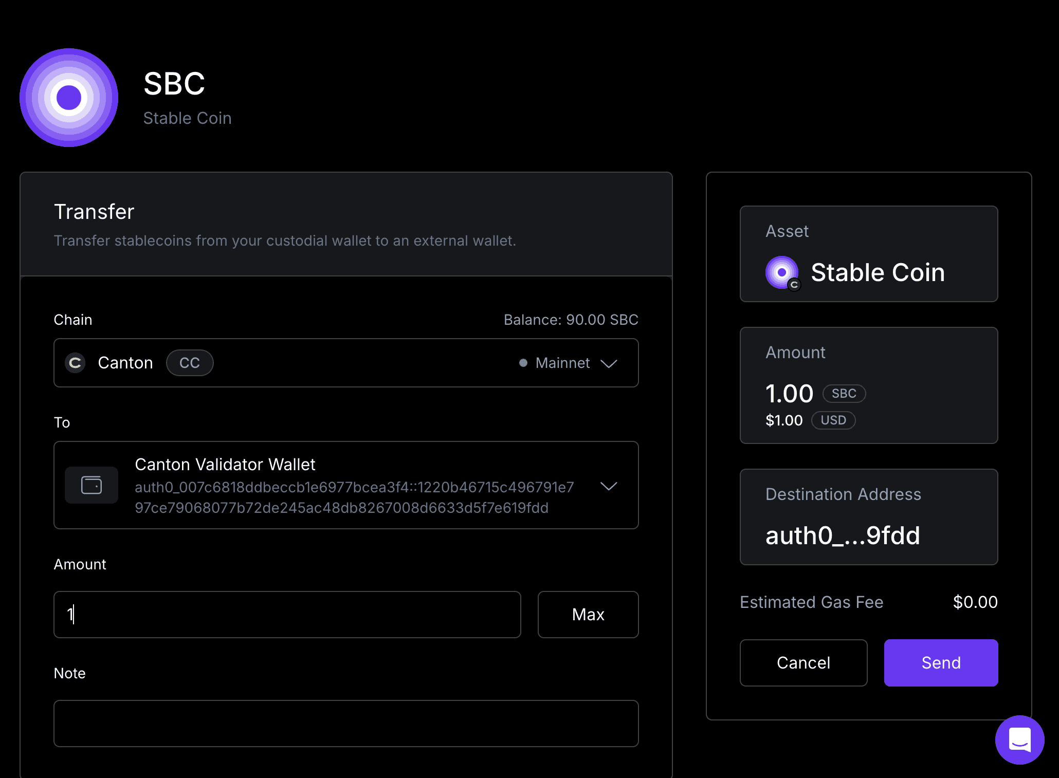 Initiate SBC transfer from Brale to Canton validator wallet