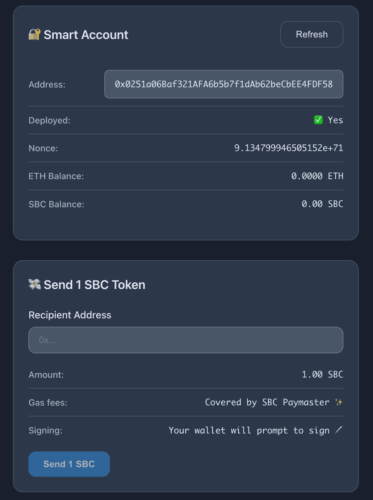 create-sbc-app CLI generating a gasless smart account app