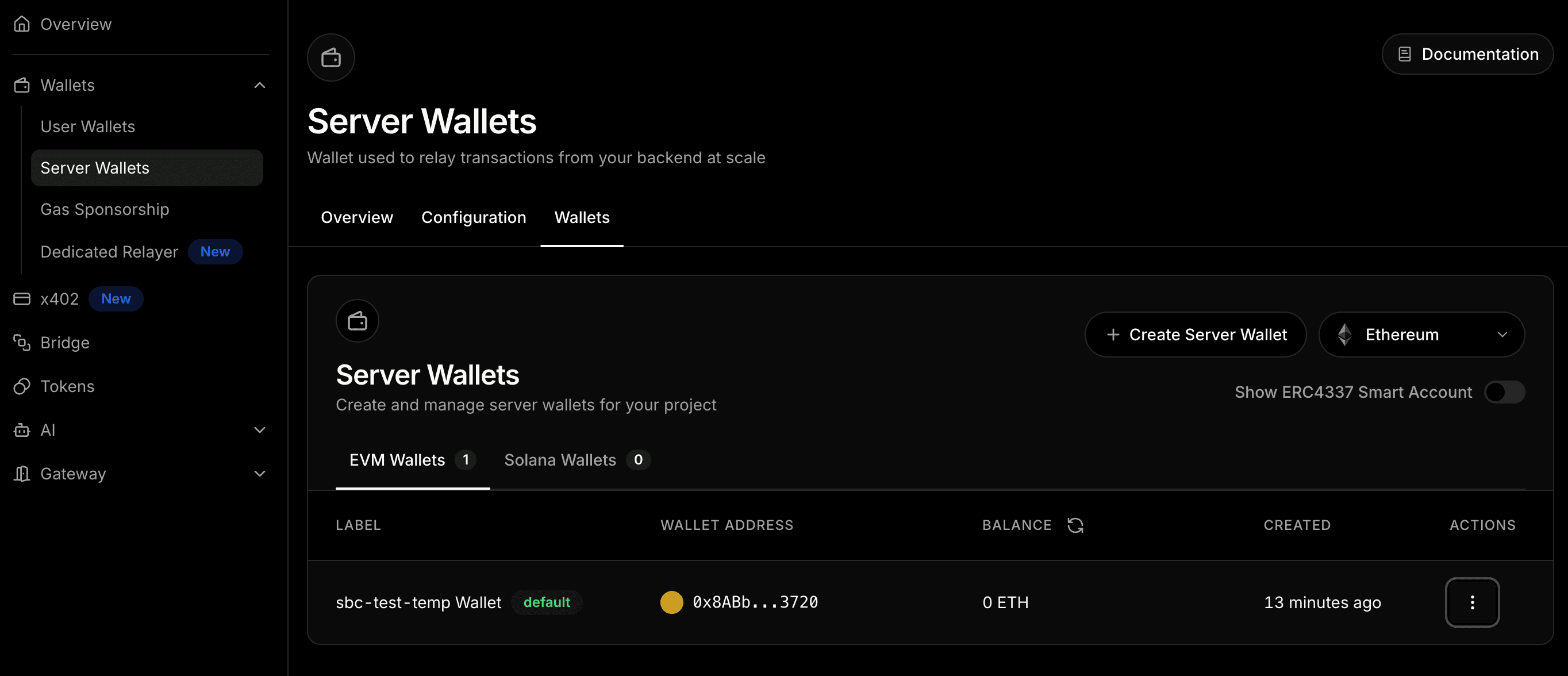 thirdweb server wallet address in the dashboard